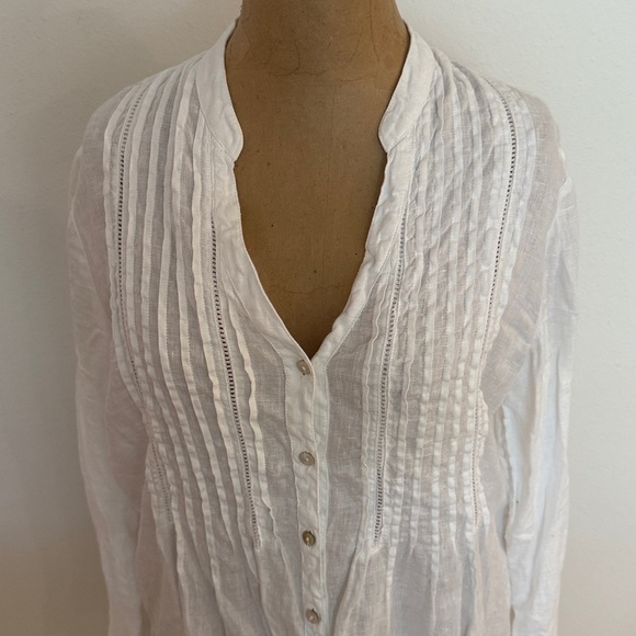 120% Lino linen pleated white tunic Top button down great pre owned condition - Picture 2 of 10